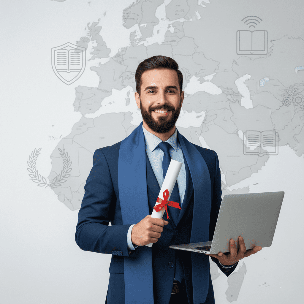  خريج يقف أمام خريطة الشرق الأوسط مع رموز اعتماد وتعليم رقمي. 